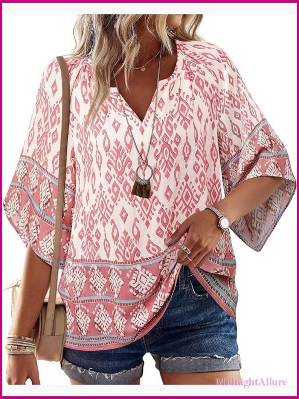 3/4 Bell Sleeve V-Neck Bohemian Peasant Blouse Loose Top